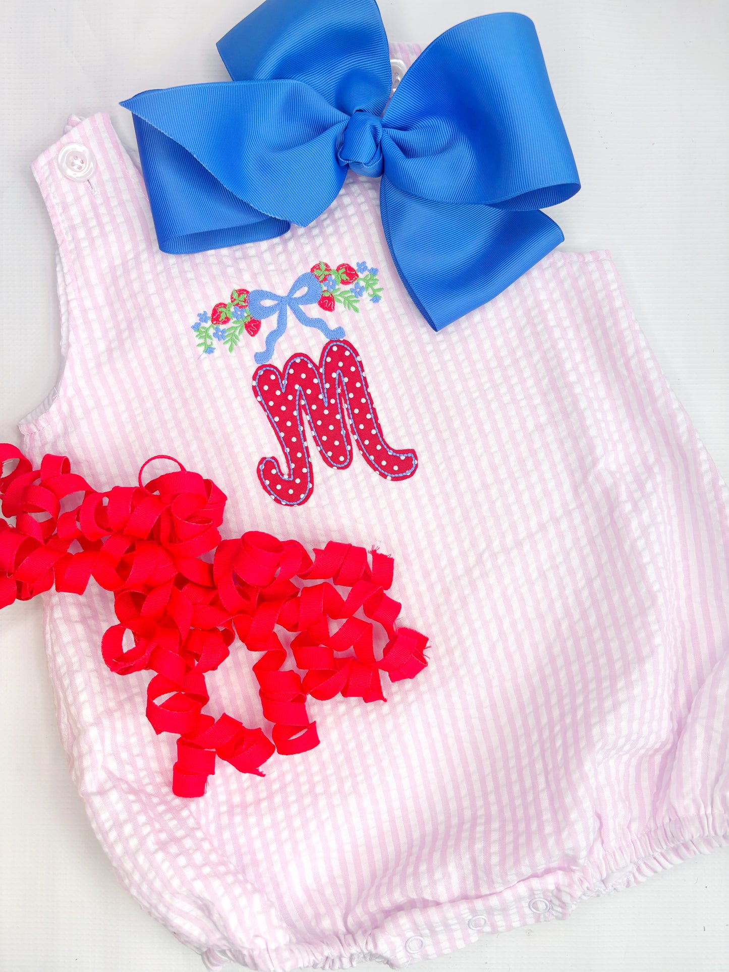 Baby Girl Seersucker Strawberry One Initial Bubble