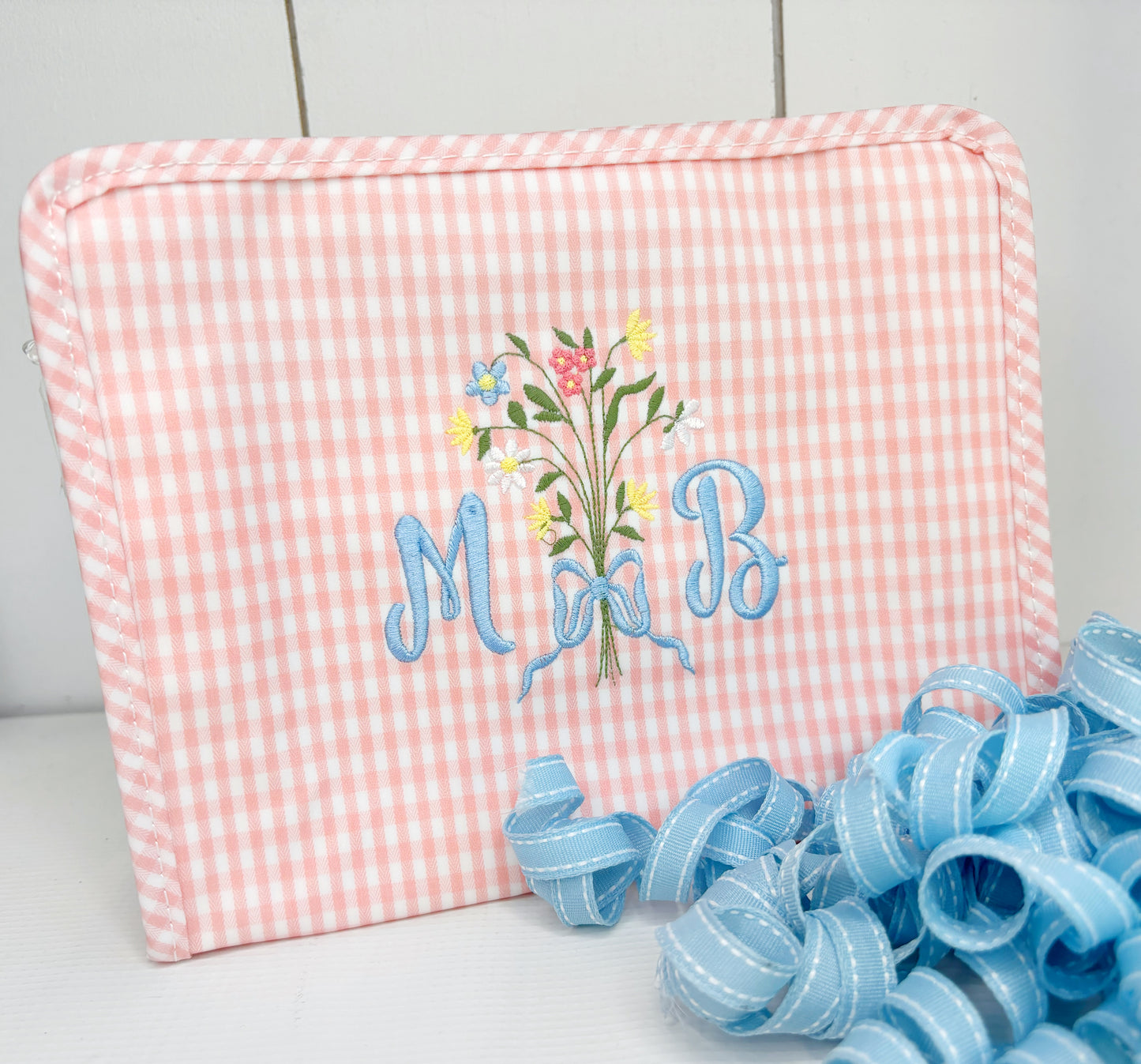 Gingham Roadie Travel Cosmetic Bag-Wildflower Design