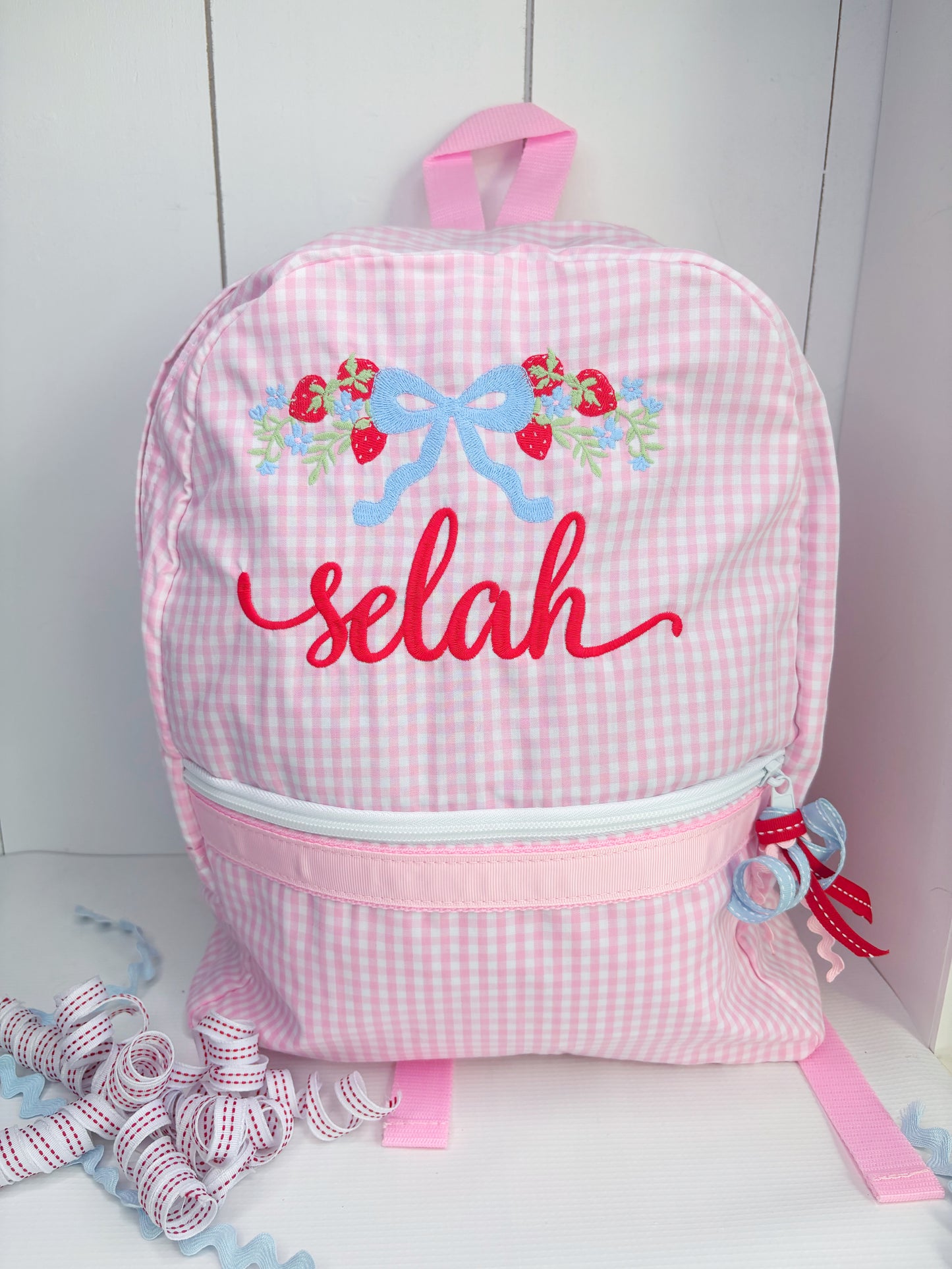 Personalized Pink Gingham Preppy Strawberry Backpack