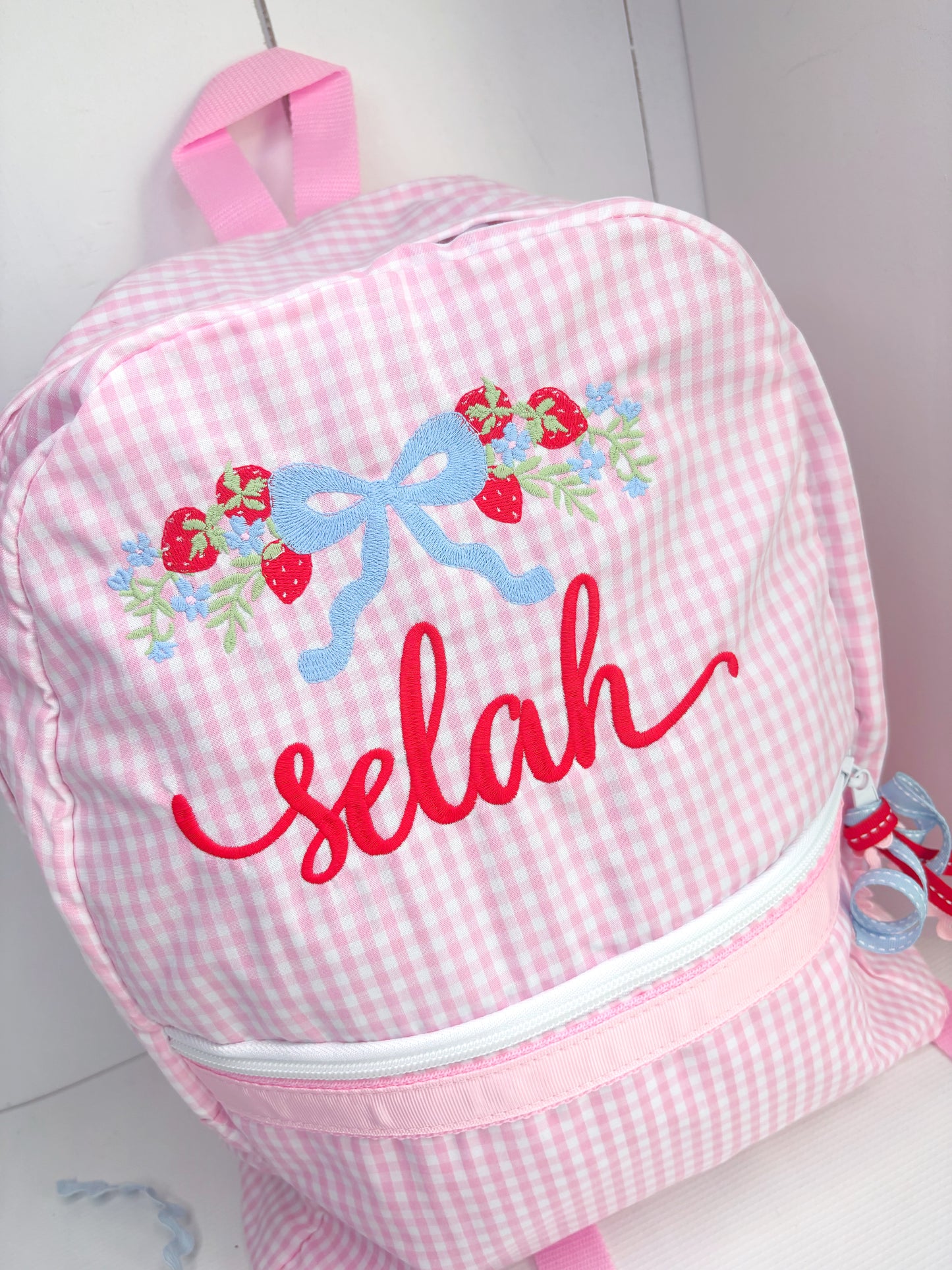 Personalized Pink Gingham Preppy Strawberry Backpack