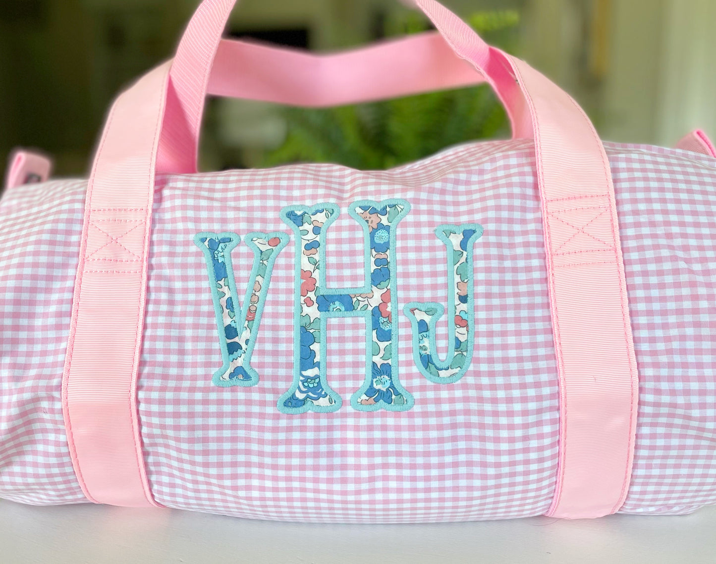 Gingham Duffel Bag with Fishtail Monogram/Applique