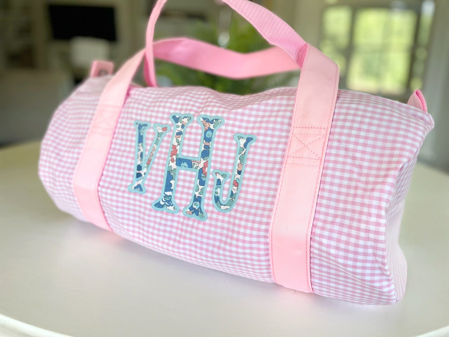 Gingham Duffel Bag with Fishtail Monogram/Applique
