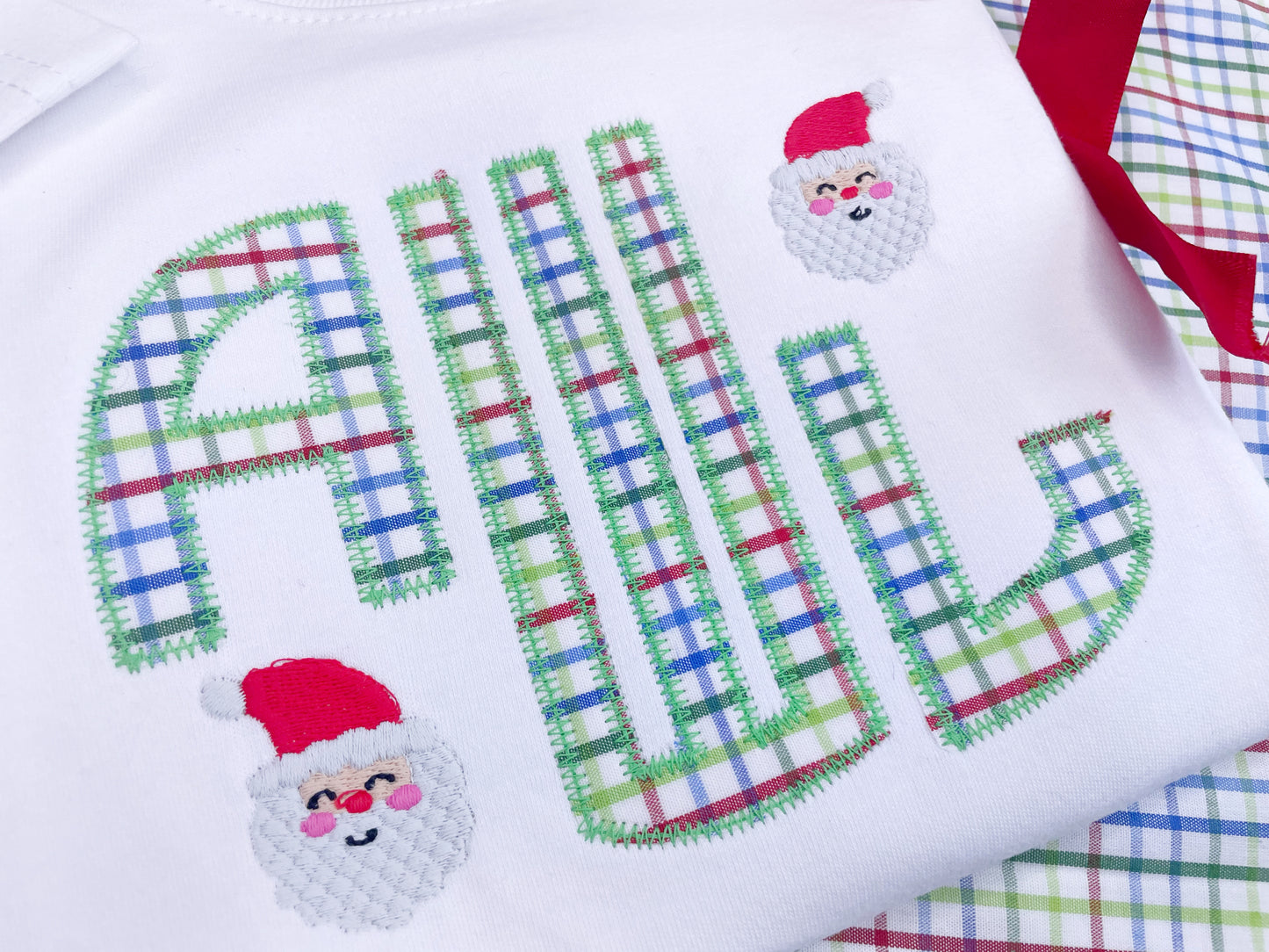 Boy's Santa Blue, Green, Red Applique Monogram