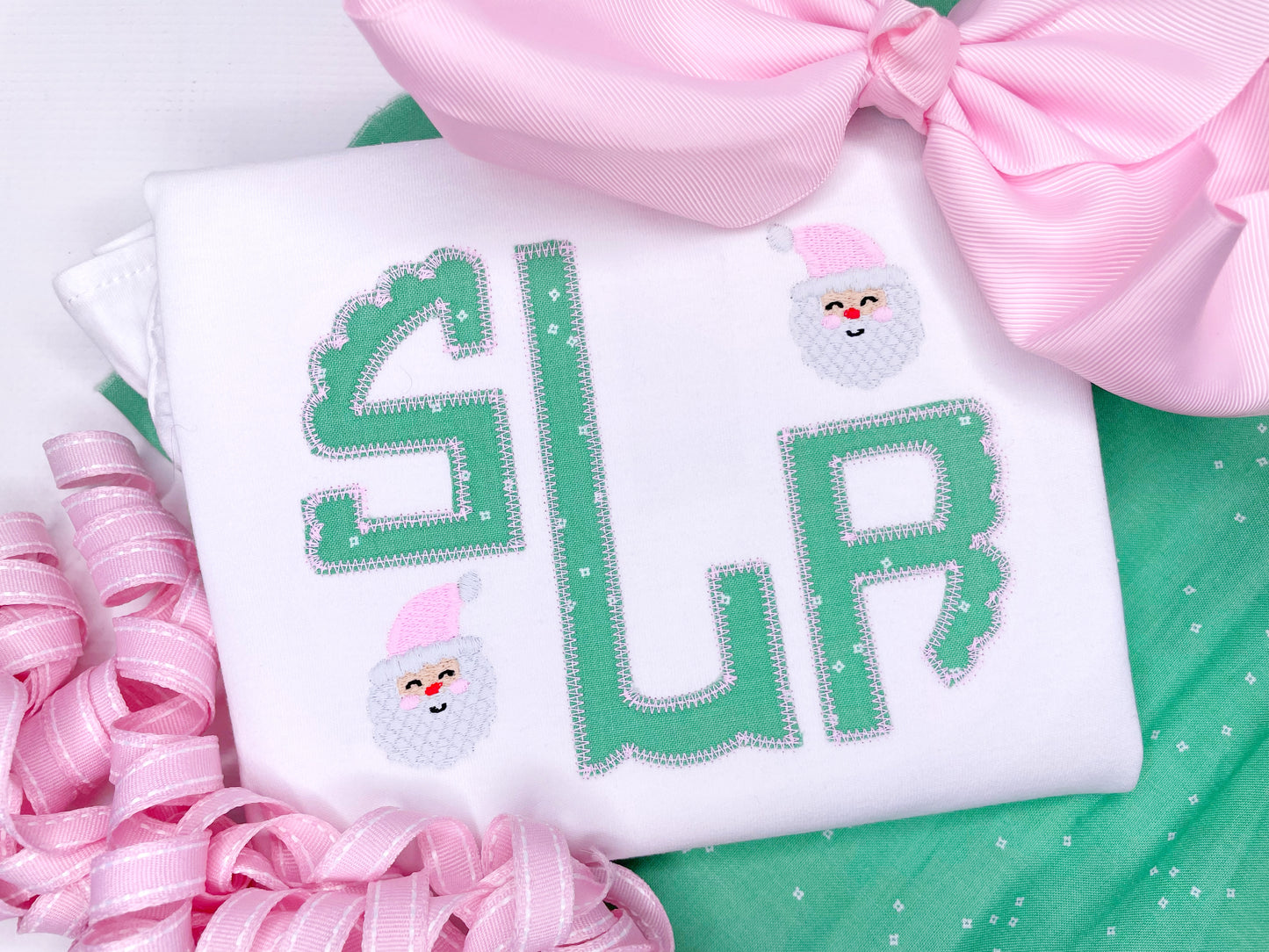 Girl's Green and Pink SCalloped Monogram with mini Santa