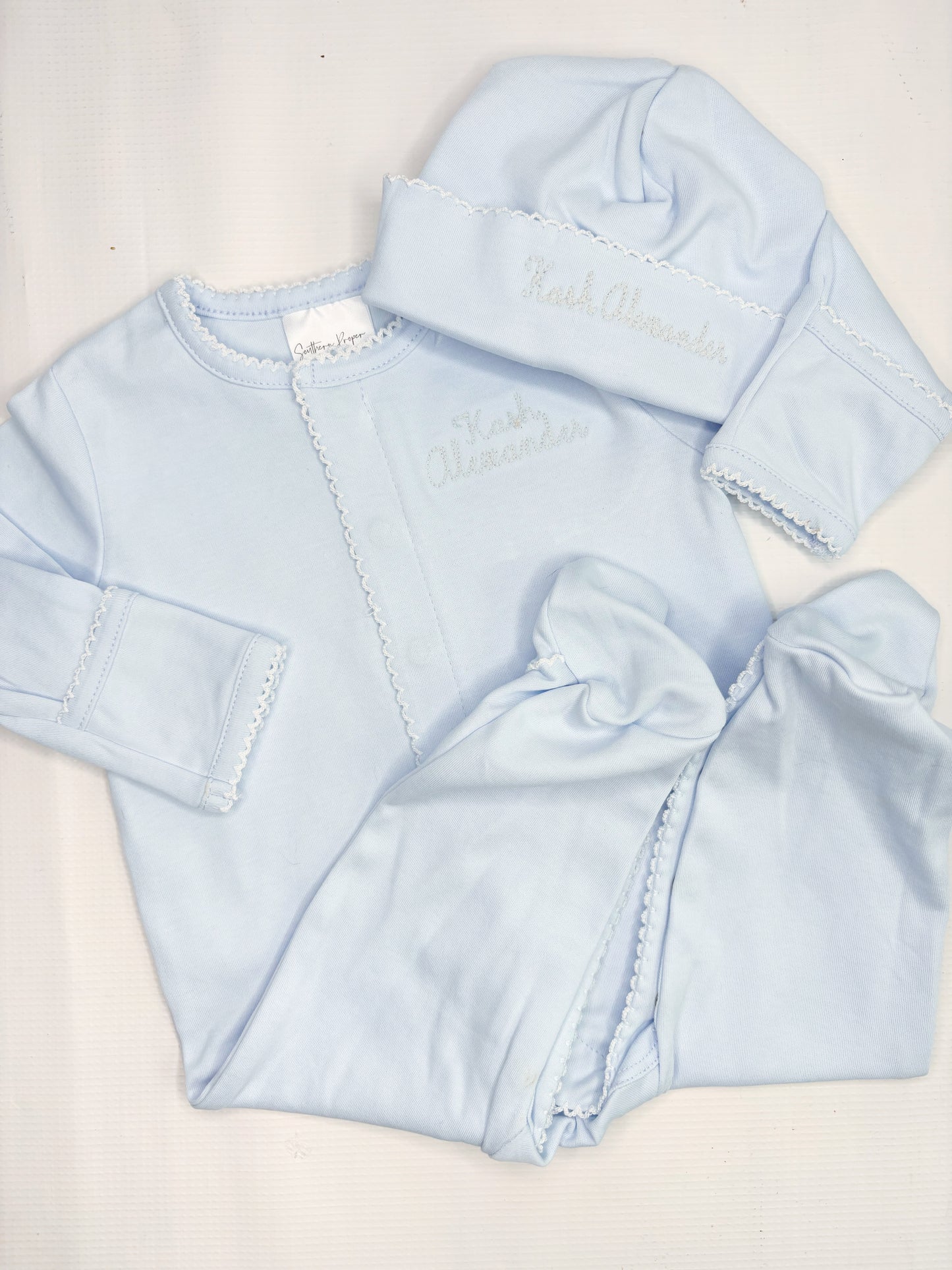 Baby Blue Pique Trimmed Sleeper