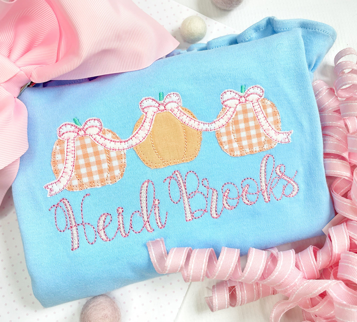 Girl's Light Blue Shirt & Pink Bow Pumpkins