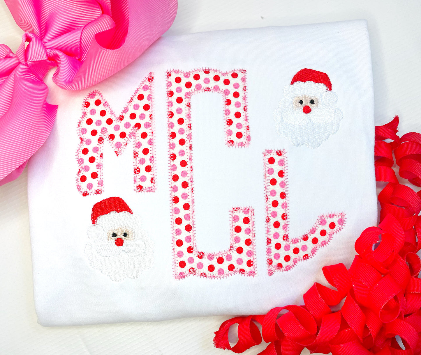 Pink & Red Dot Scalloped Santa Mini Monogram Long Sleeve Shirt