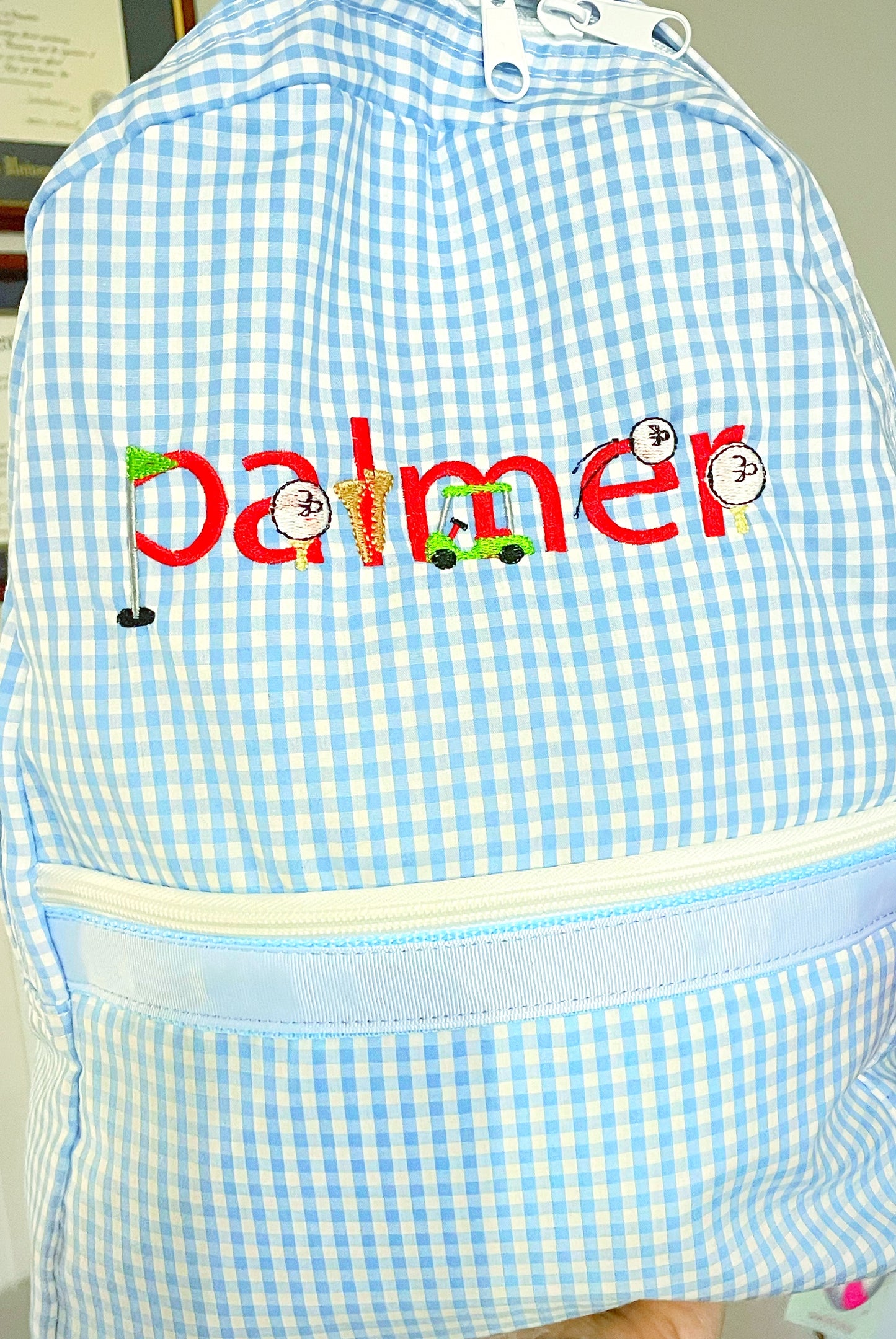 Blue Gingham Themed Alphabet Backpack (Medium Size) Mint brand
