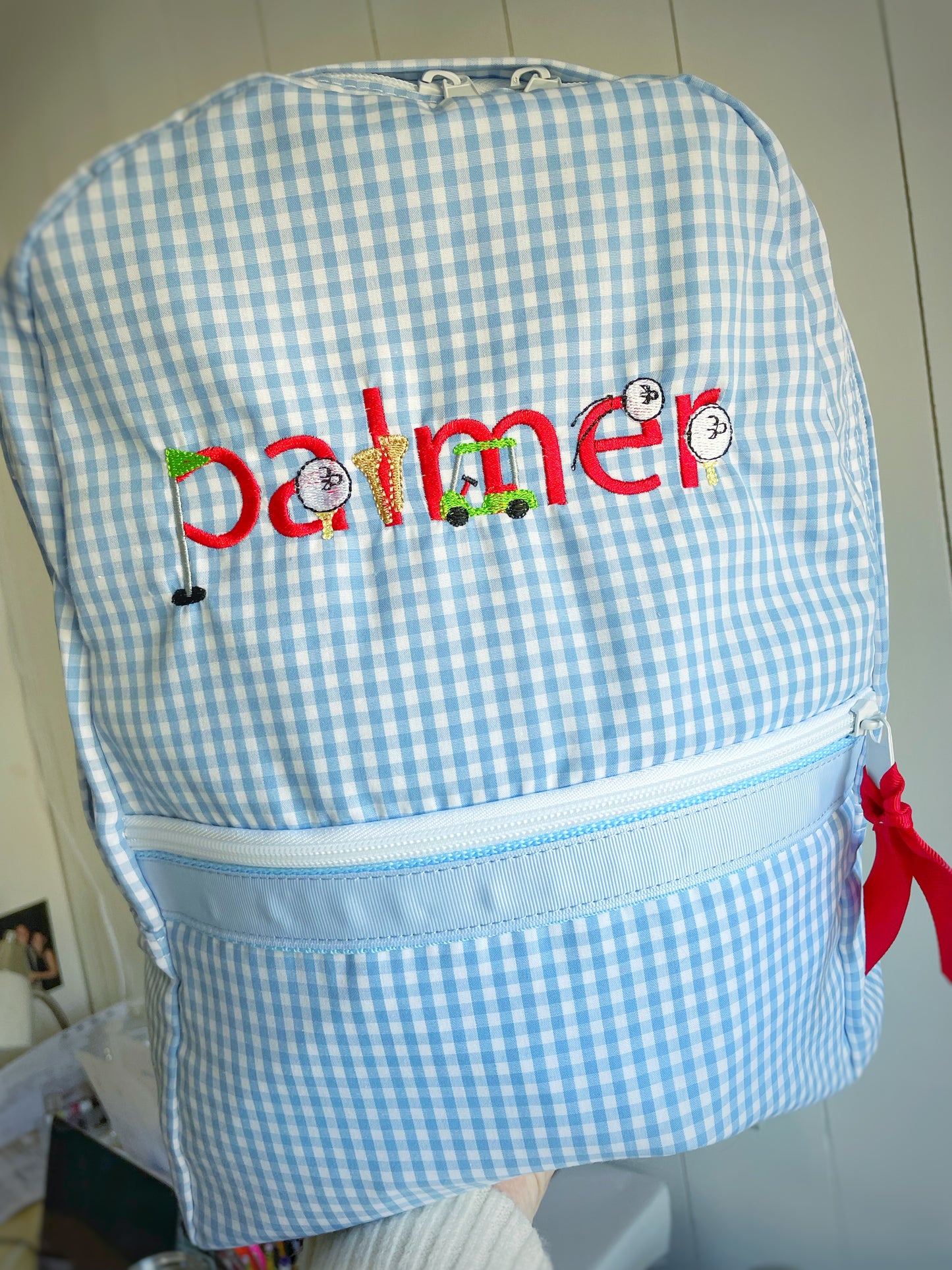 Blue Gingham Themed Alphabet Backpack (Medium Size) Mint brand
