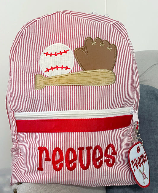 Red Seersucker Baseball Backpack