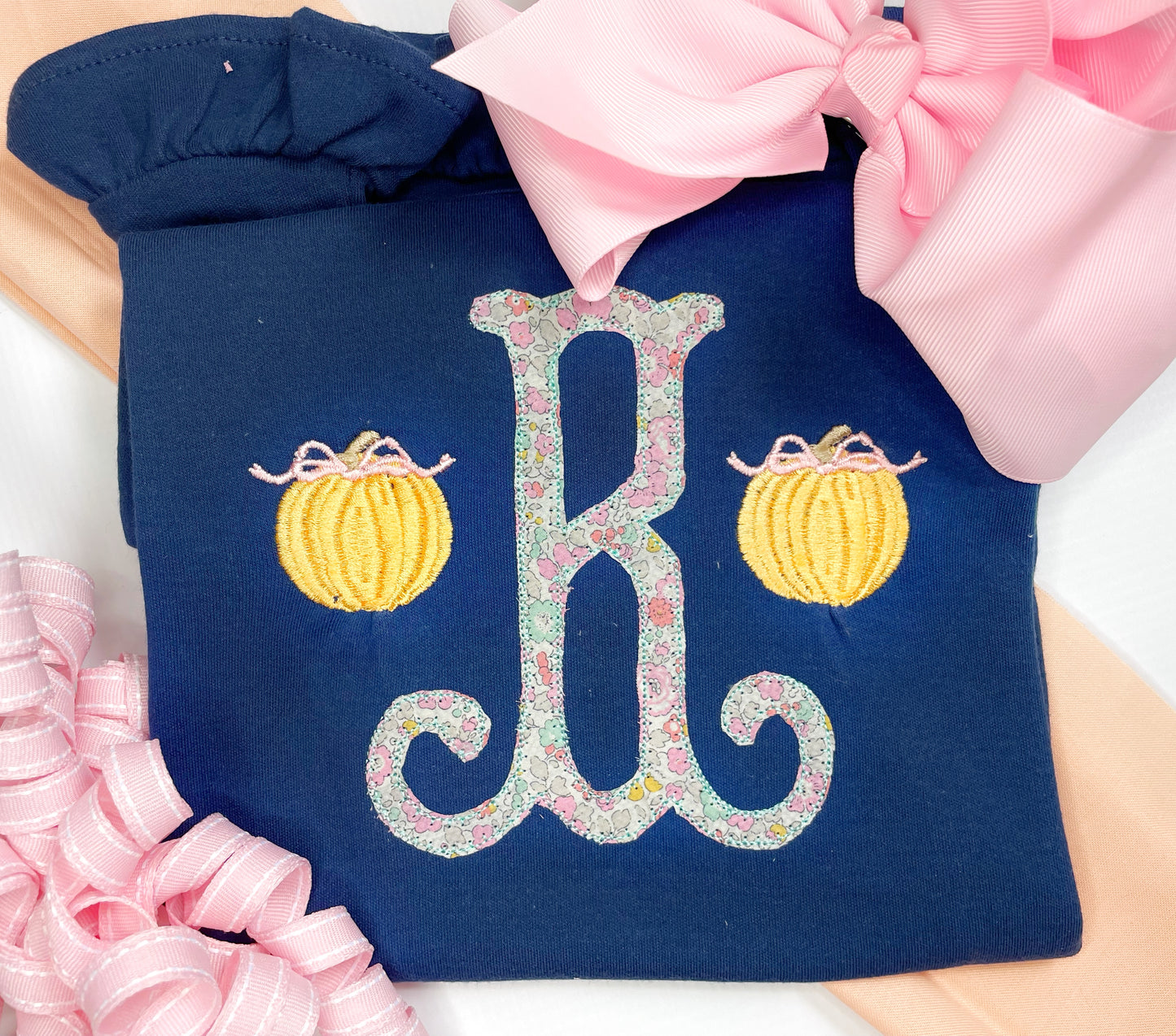 Girl's Navy Floral Pumpkin Single Initial Shirt