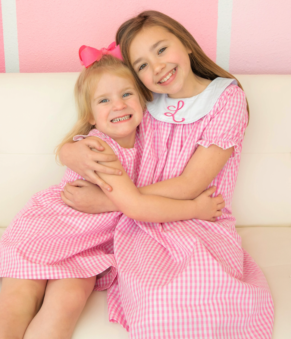 Red or Pink SS Gingham Bishop Dress