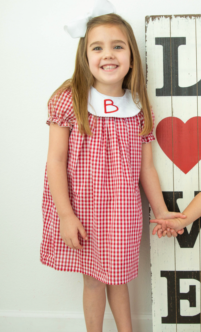 Red or Pink SS Gingham Bishop Dress