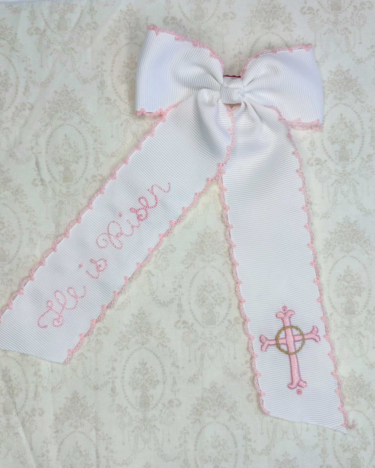 "He is Risen" 4"x6" Long Tail Hair Bow