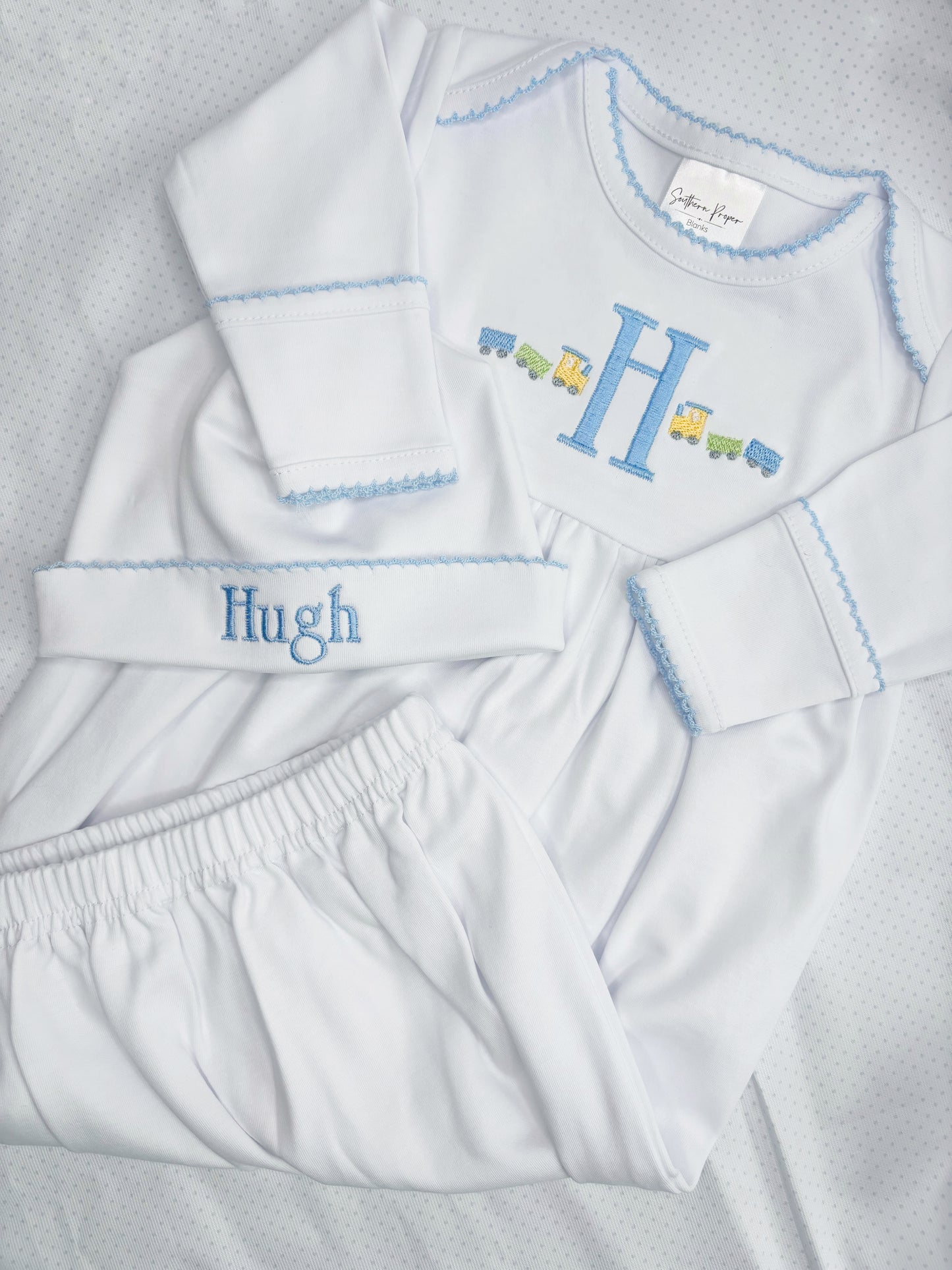 Baby Boy Newborn Gown & Hat Set with Train Design