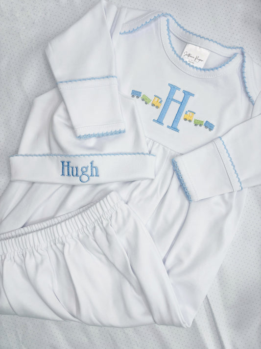 Baby Boy Newborn Gown & Hat Set with Train Design