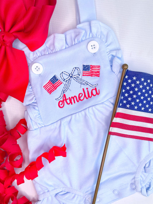 Patriotic Light Blue Ruffle Sun Suit with Flags Design