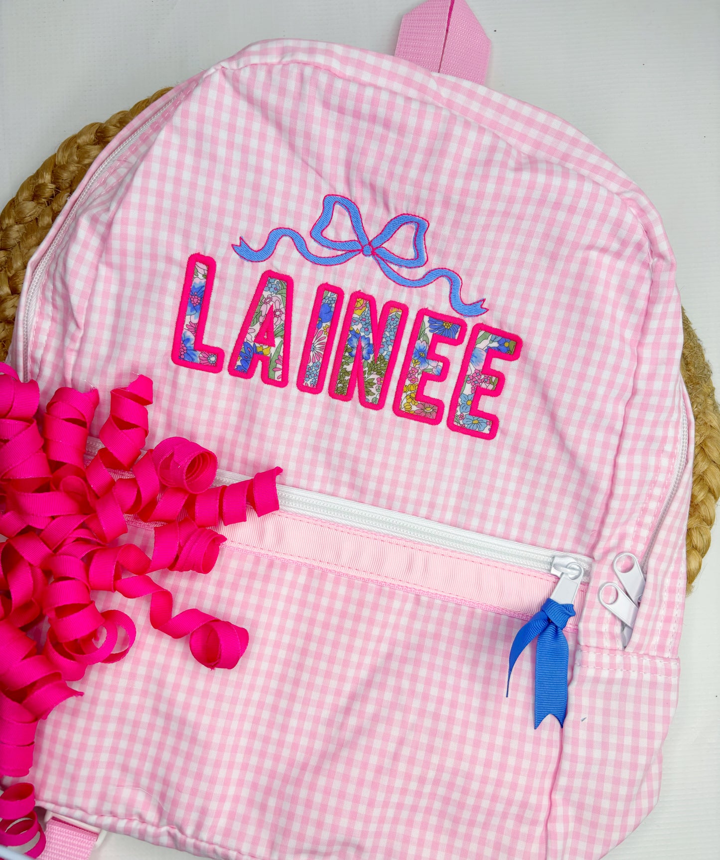 Pink Gingham Appliqued Name Backpack with Bow