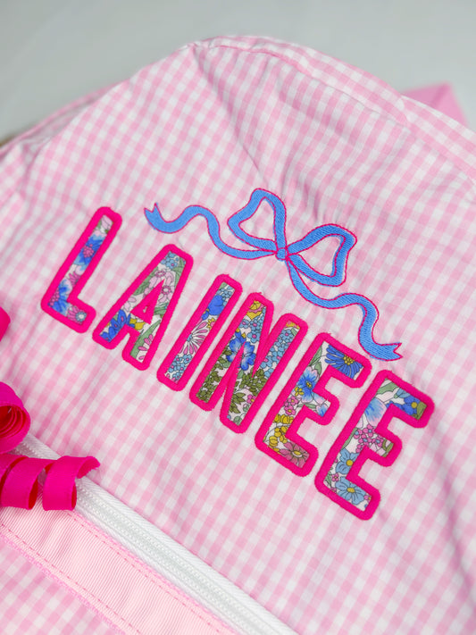 Pink Gingham Appliqued Name Backpack with Bow