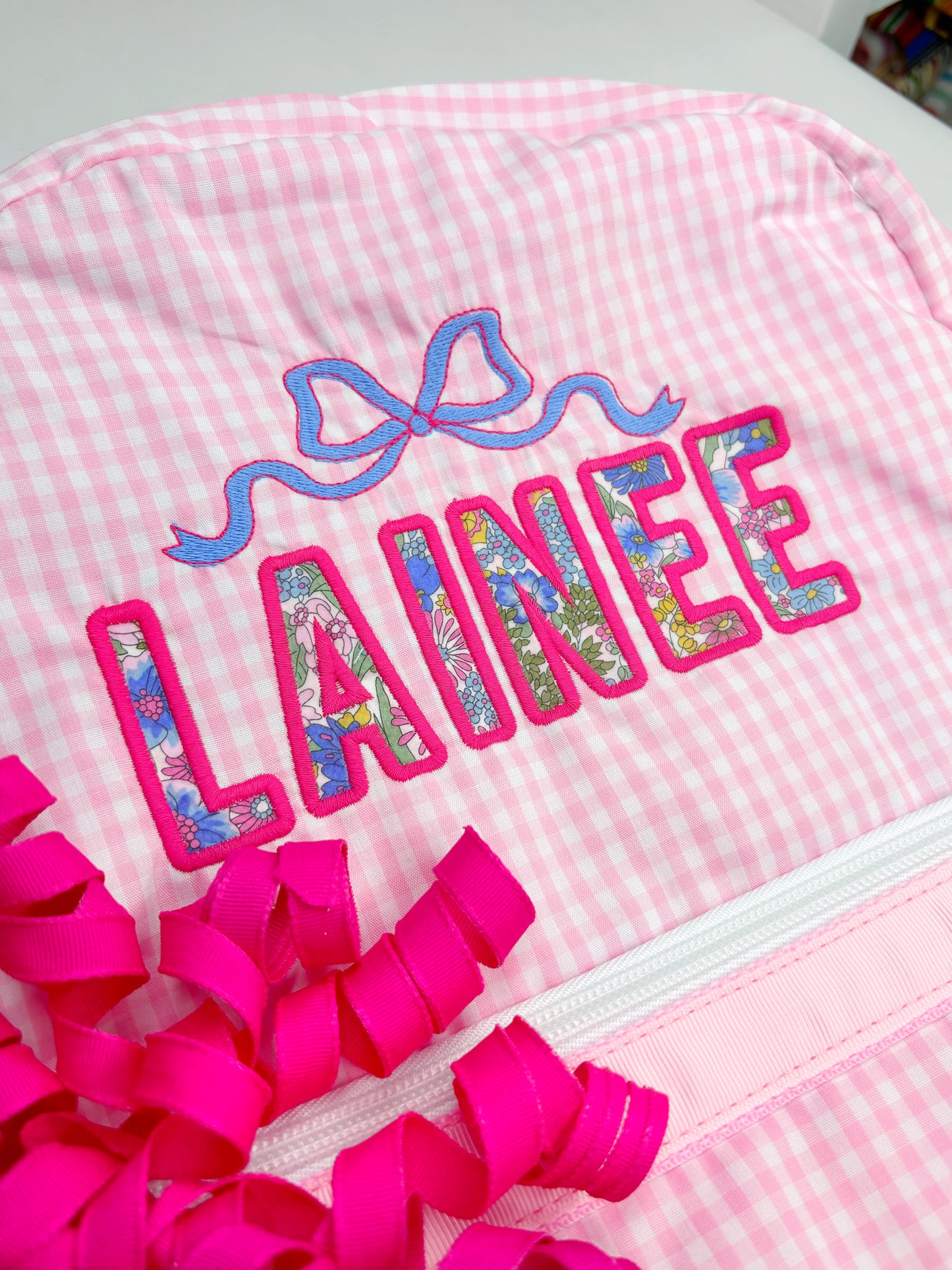 Pink Gingham Appliqued Name Backpack with Bow