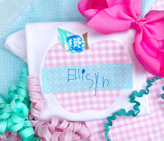 Pink Gingham Apple with Digiitzed Child's Handwriting