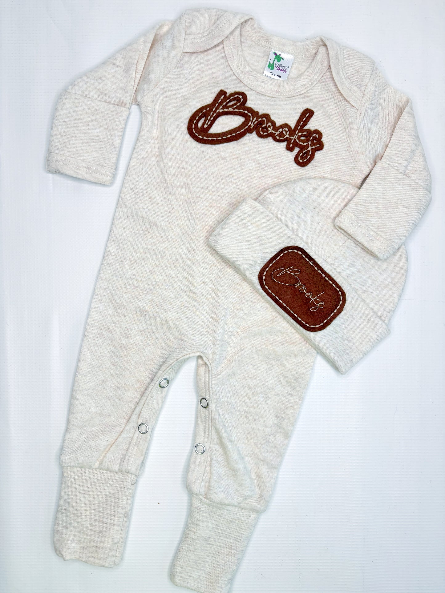 Oatmeal Colored Infant Sleeper with Felt Name