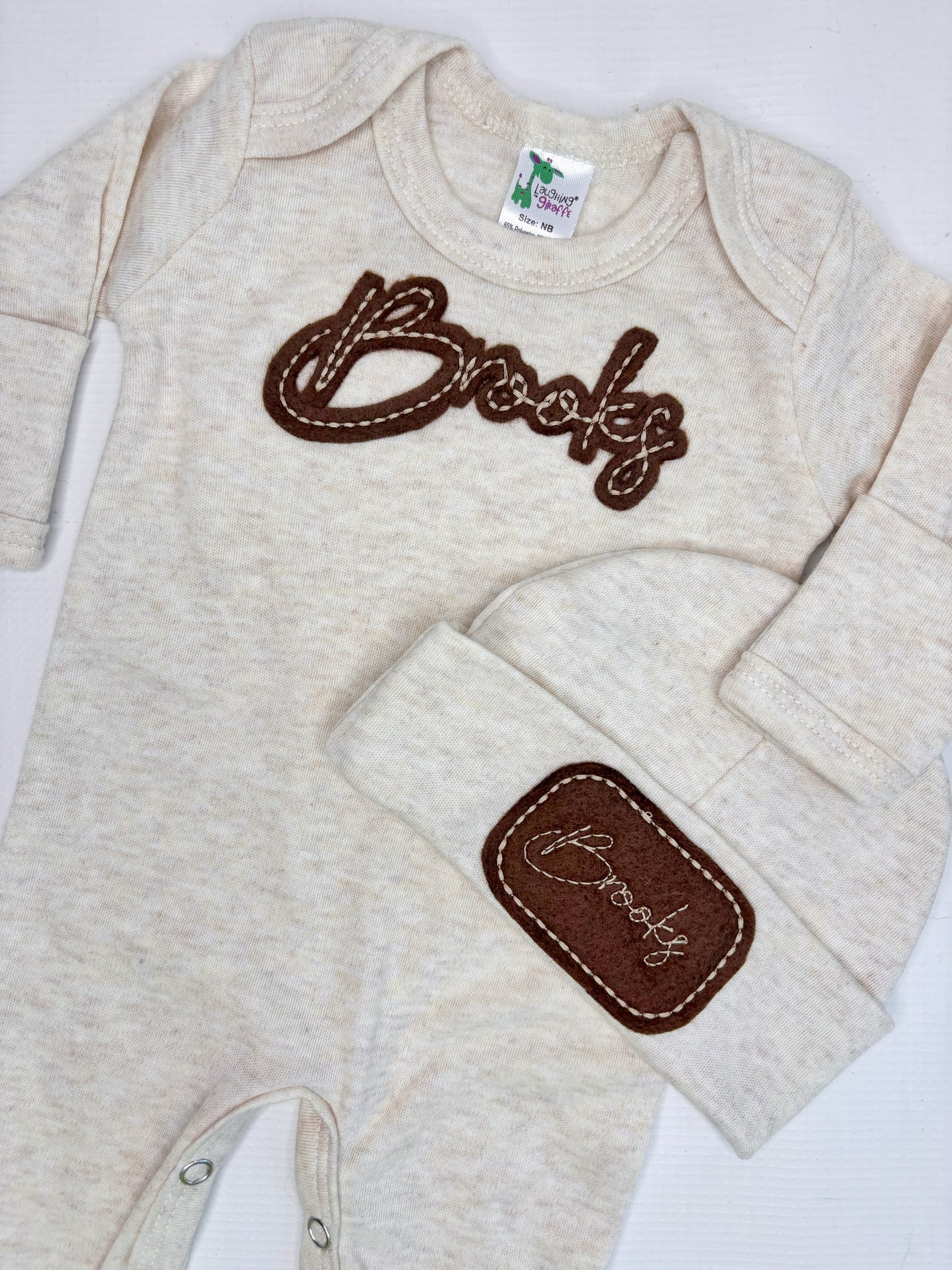 Oatmeal Colored Infant Sleeper with Felt Name