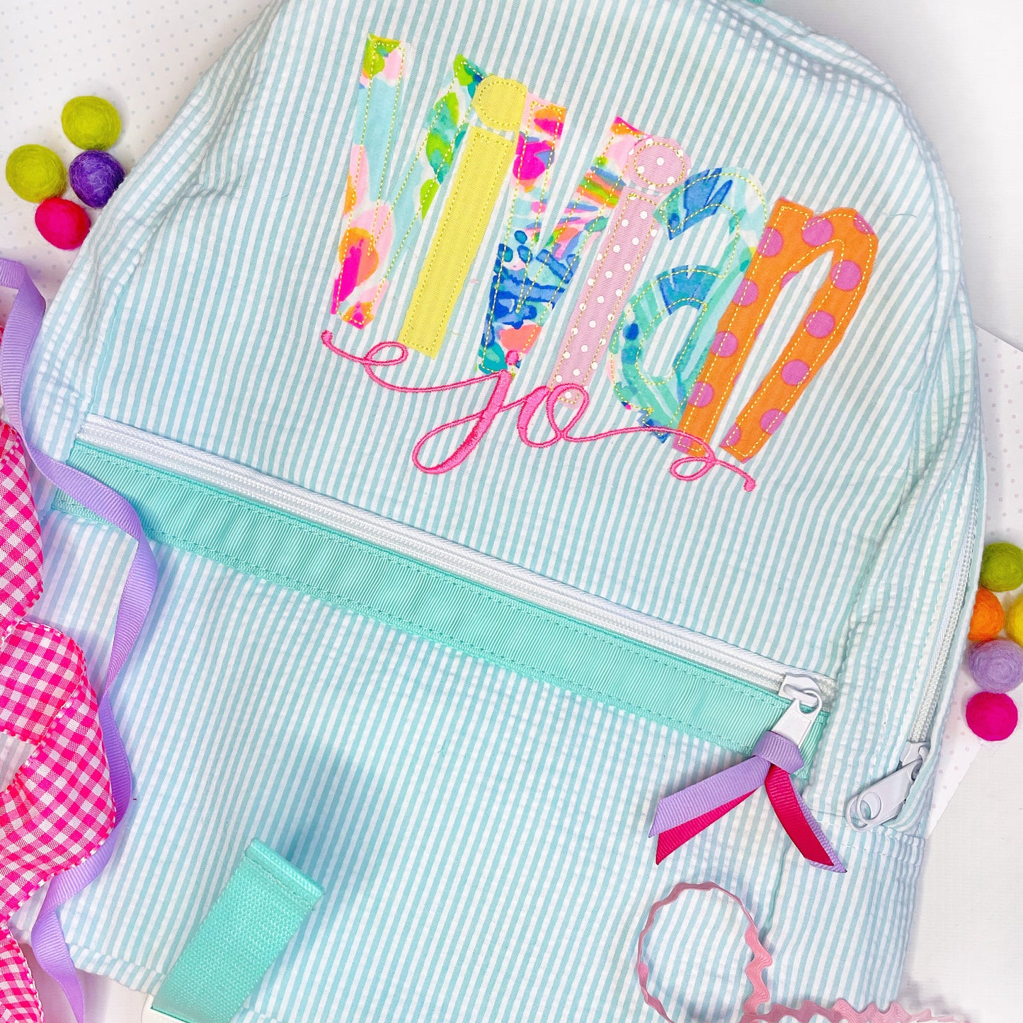 Mint Brand Name Appliqued Seersucker Backpack with LP fabric